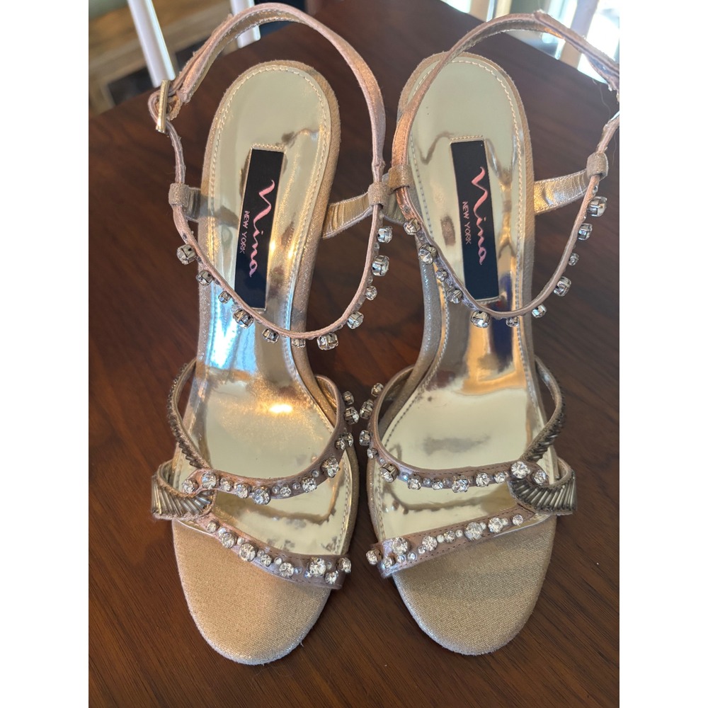 Nina New York Champagne Gold Rhinestone Stiletto Sandals Womens size 6.5